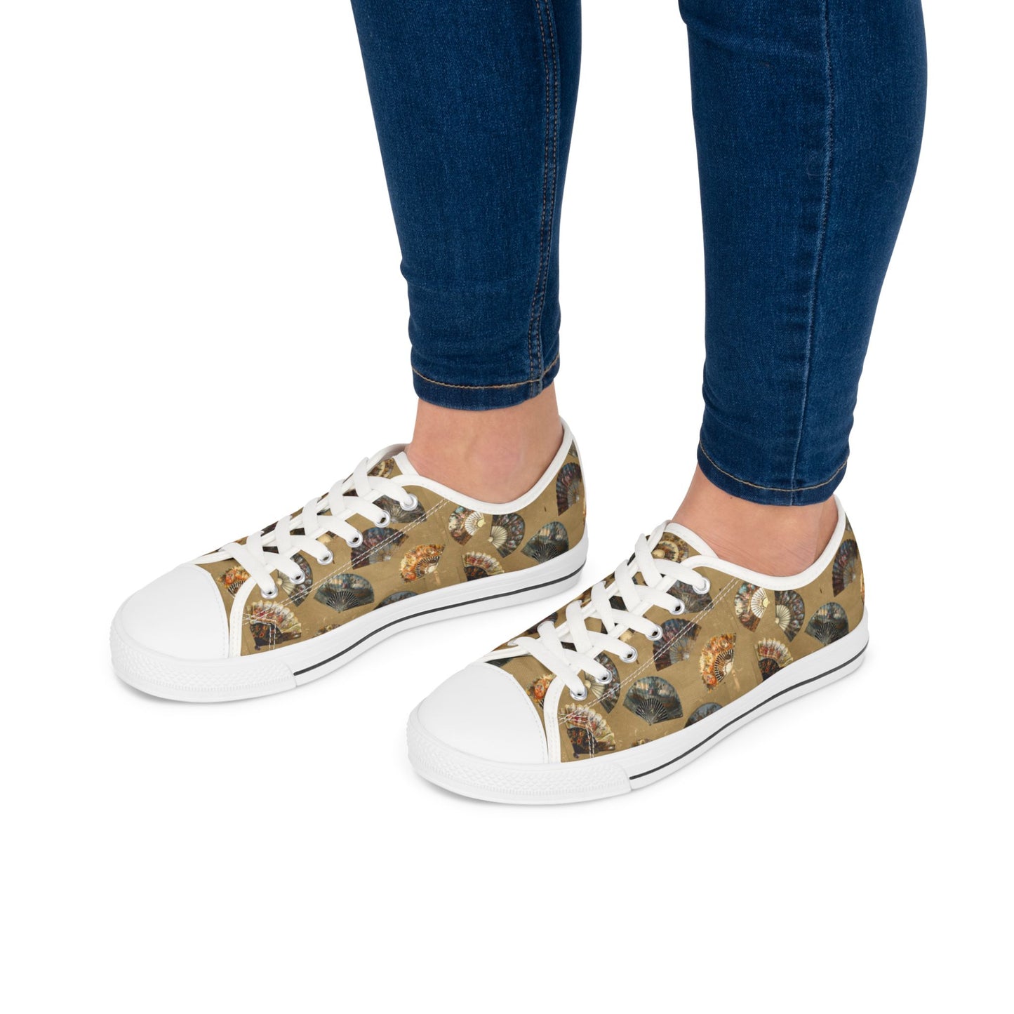 Antique Folding Fans of Art on Stylish Women's Low Top Sneakers - Unique Fan Design