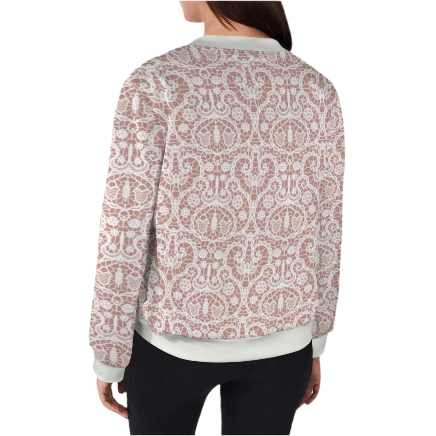 White Lace/Dusty Rose Casual Long Sleeve Zip-Up Bomber Jacket