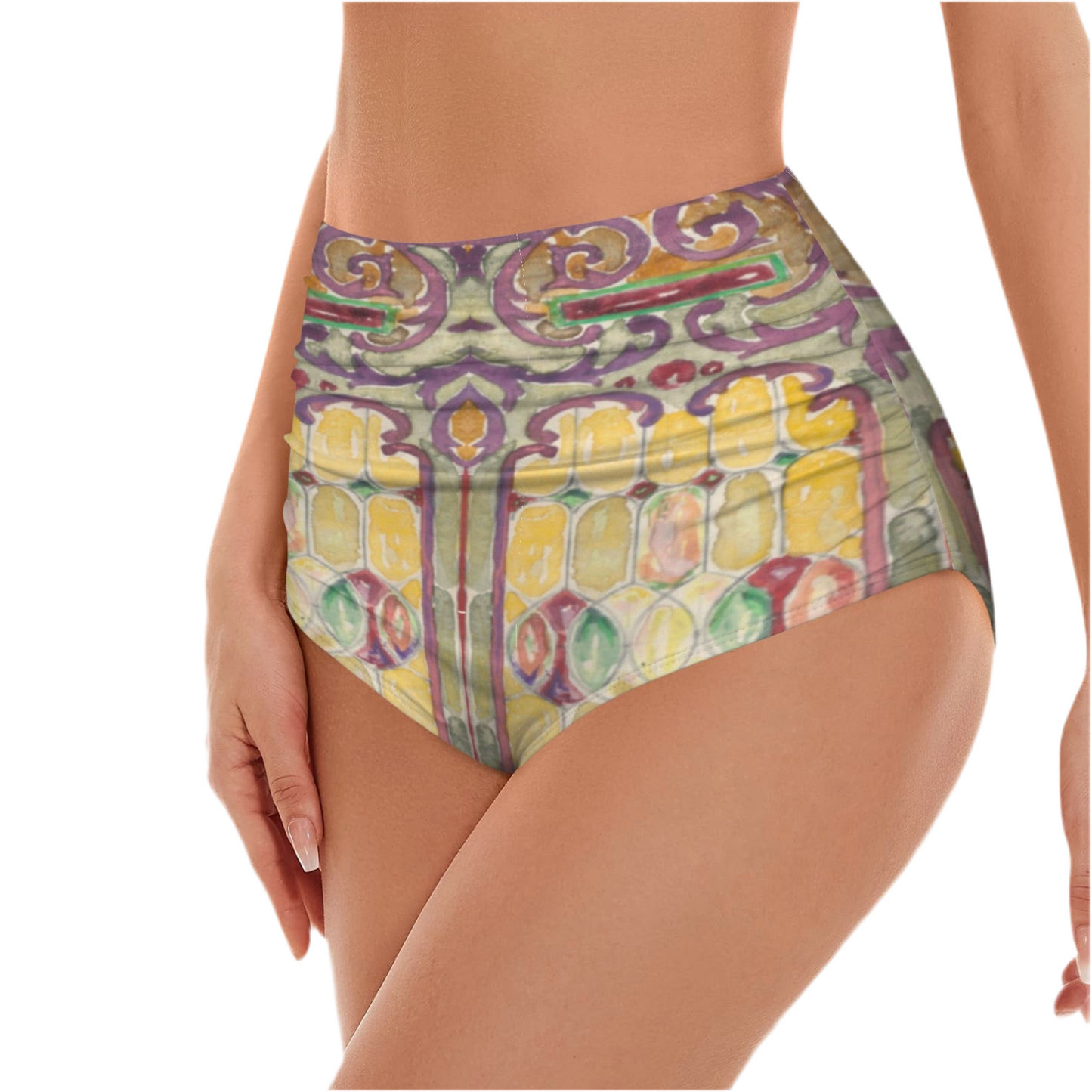 Watercolor Stained Glass design by Alice Cordelia Morse on High-Waisted Bikini Bottom
