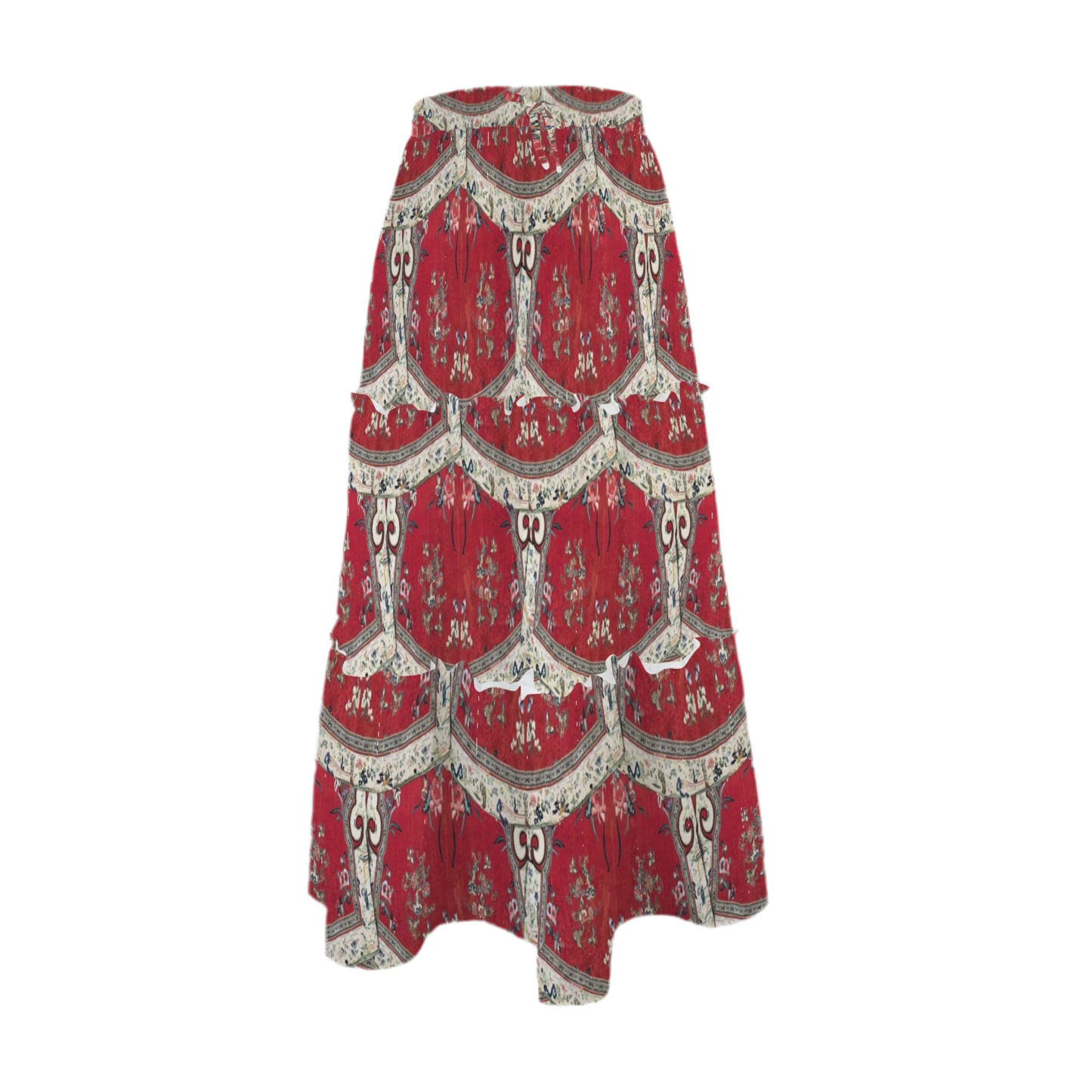 Late 19th Century, Han Chinese Coat Design of Flowers and Butterflies on Tie Front High Waist Frill Hem Maxi Skirt