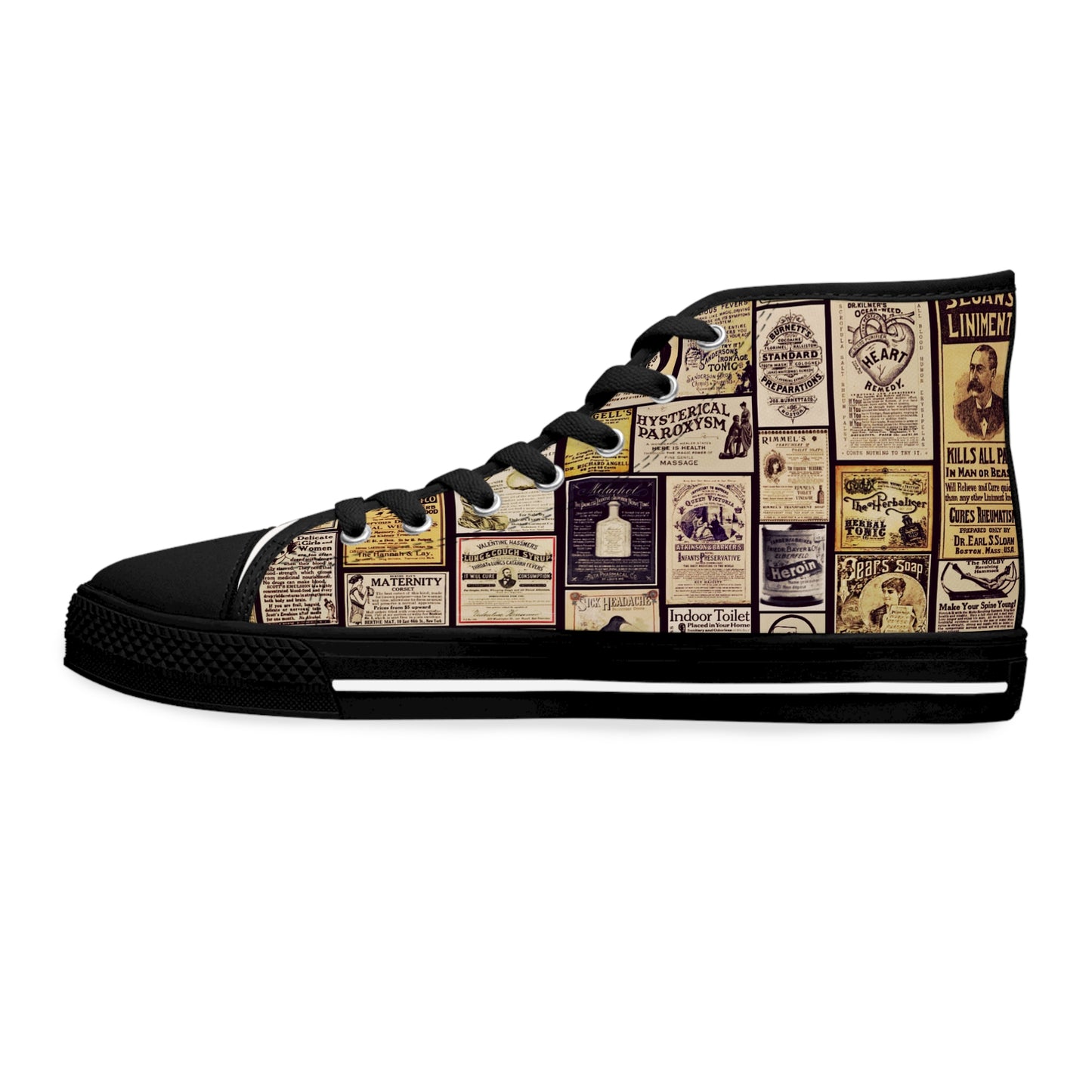 Old Time Remedies Vintage Newspaper Print High Top Sneakers for Women