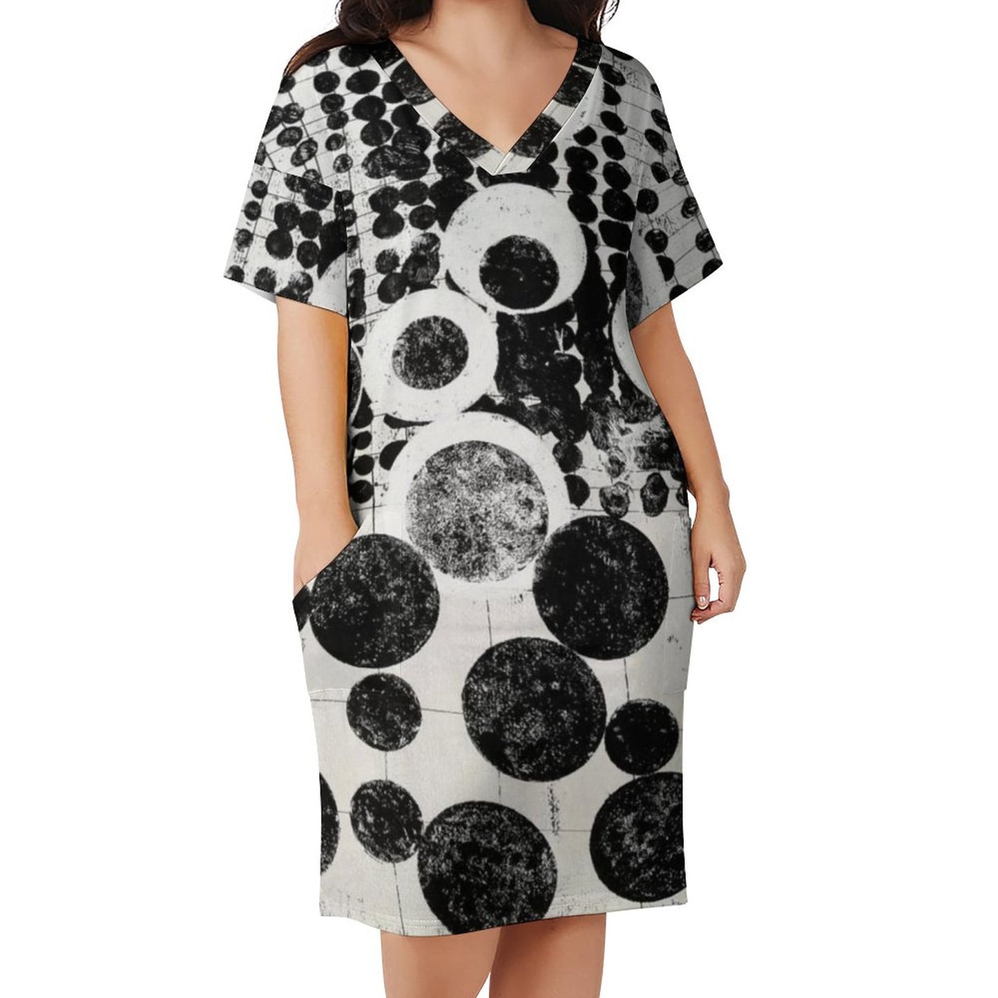 Buttons & Bobbles V-Neck Baggy Dress with Pockets