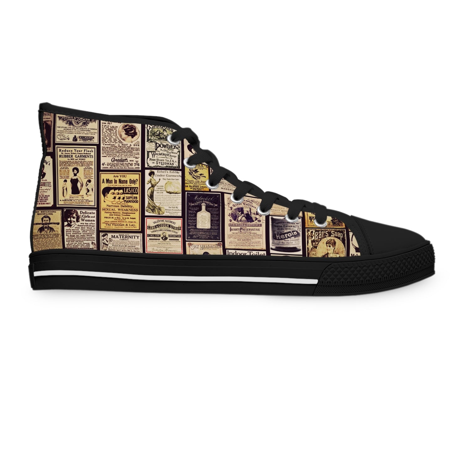 Old Time Remedies Vintage Newspaper Print High Top Sneakers for Women