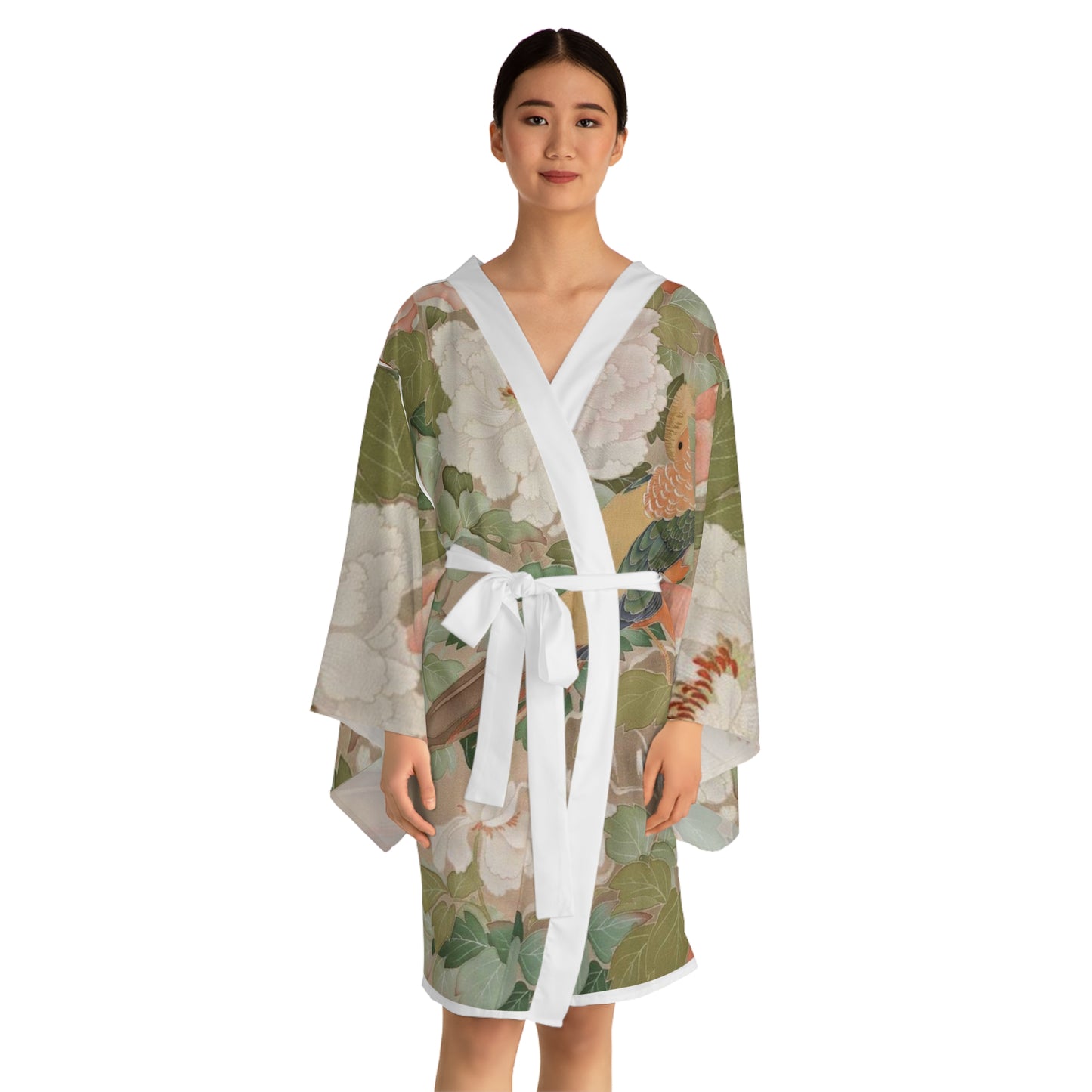 Early 19th Century Kimono, Pheasants amid Peonies-Authentic 19th Century Japanese Kimono Print on Long Sleeve Kimono Robe