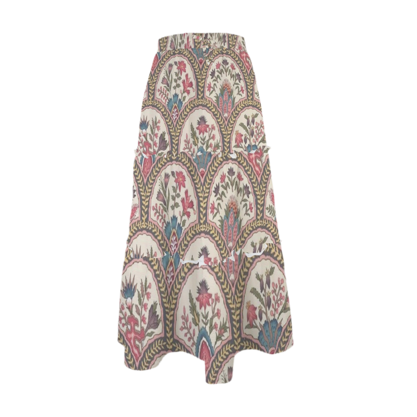 Folky Floral Fan Tie Front High Waist Frill Hem Maxi Skirt