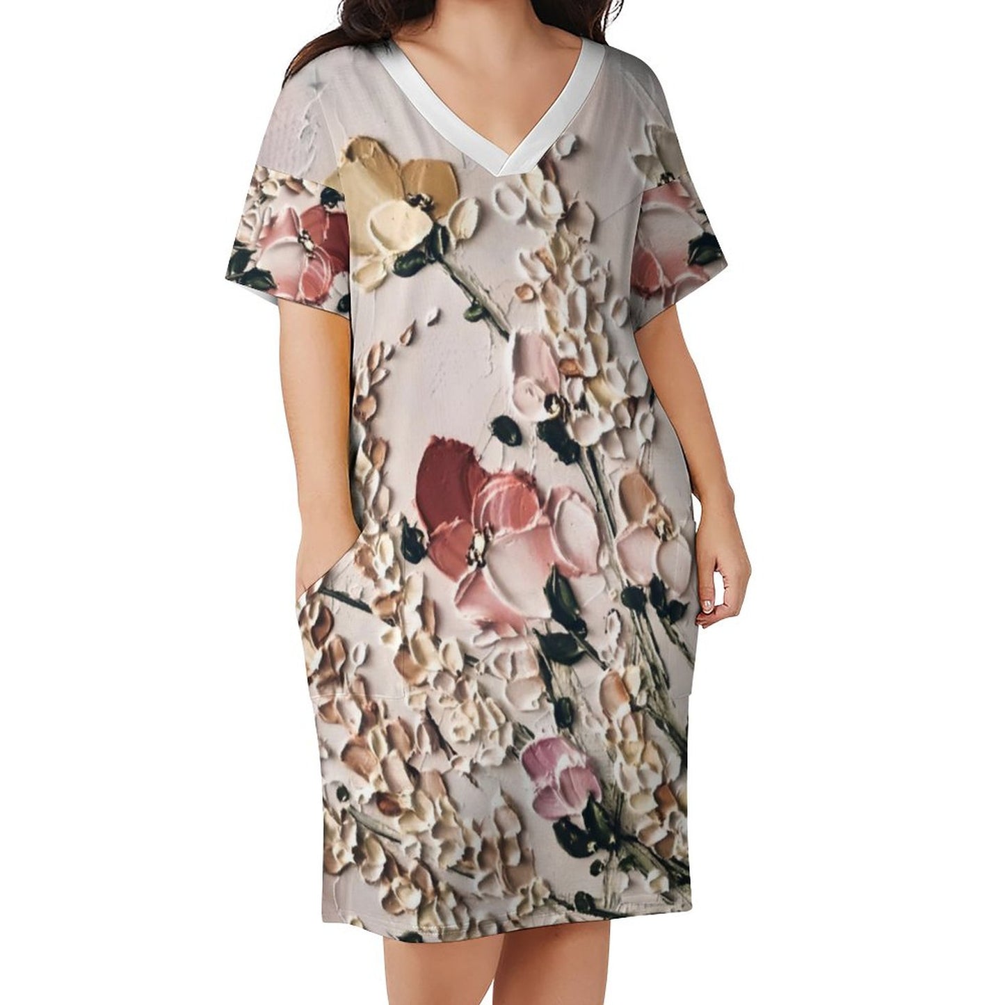 Frosting Flowers V-Neck Baggy Dress with Pocket