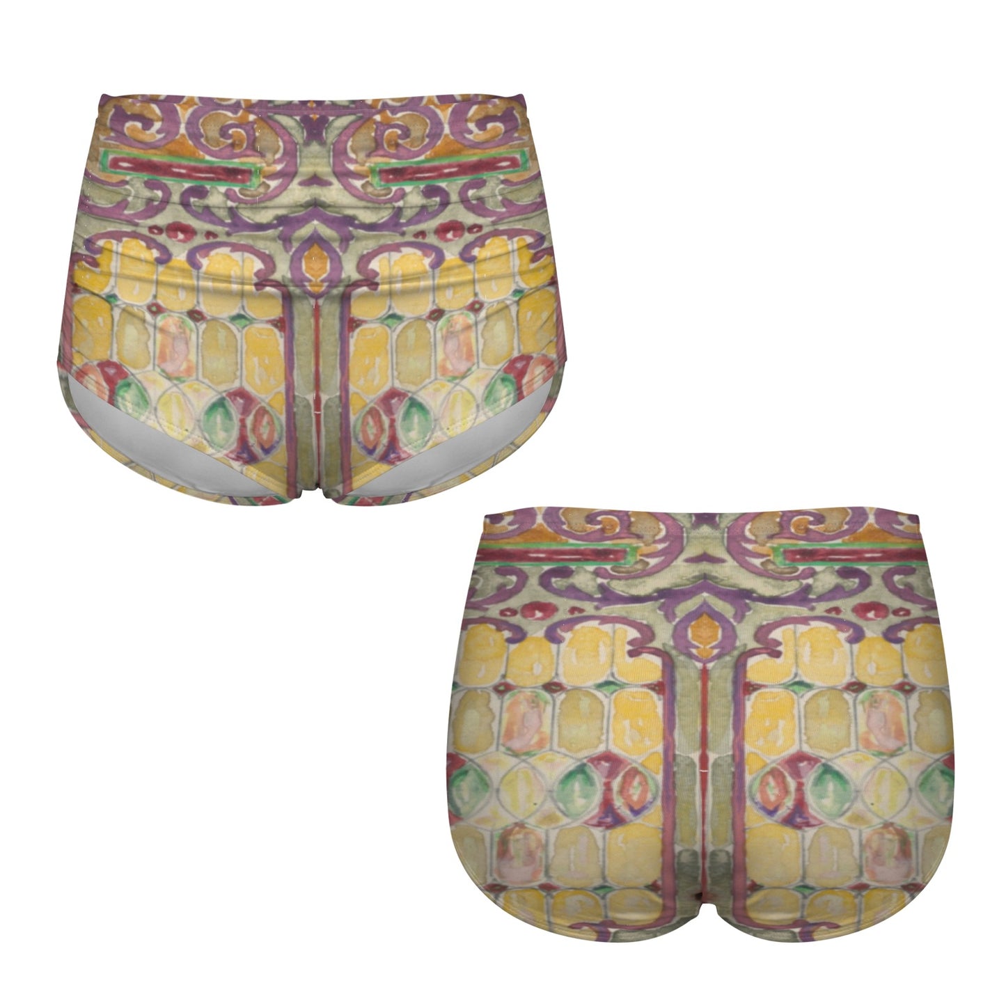 Watercolor Stained Glass design by Alice Cordelia Morse on High-Waisted Bikini Bottom