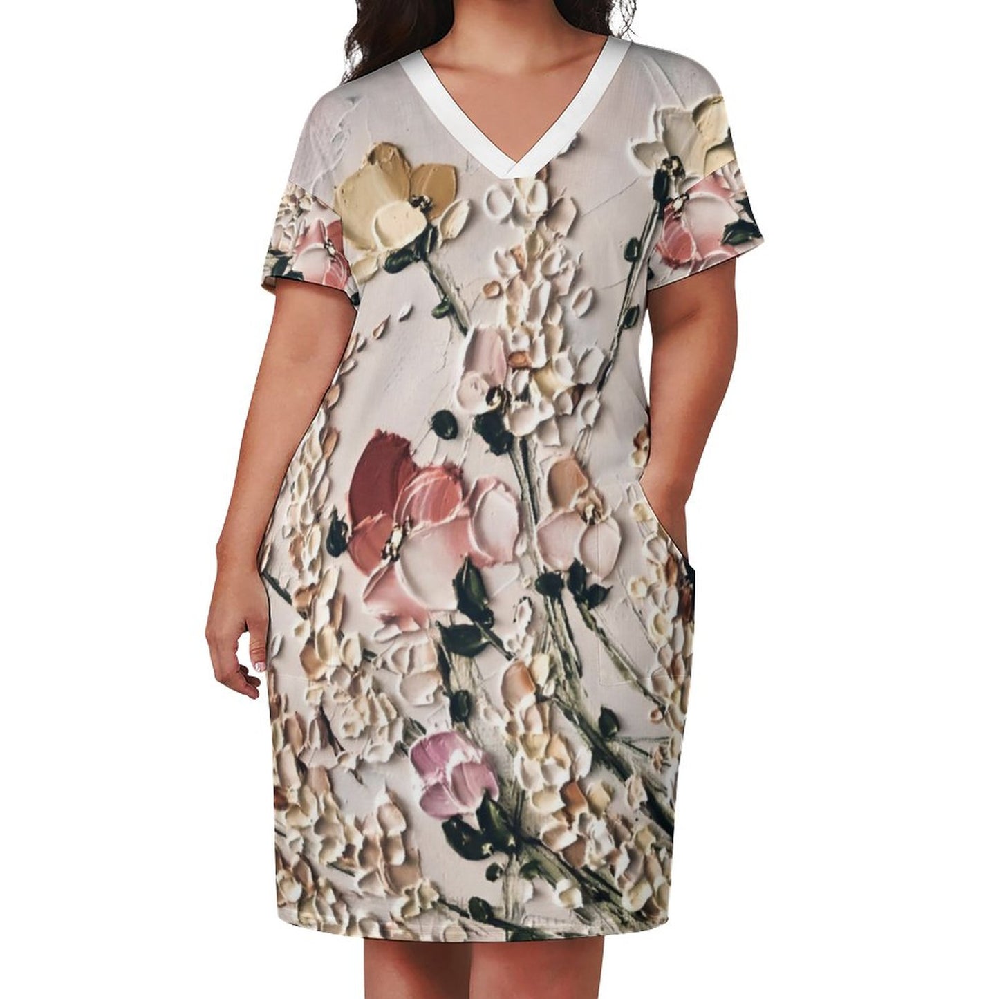 Frosting Flowers V-Neck Baggy Dress with Pocket