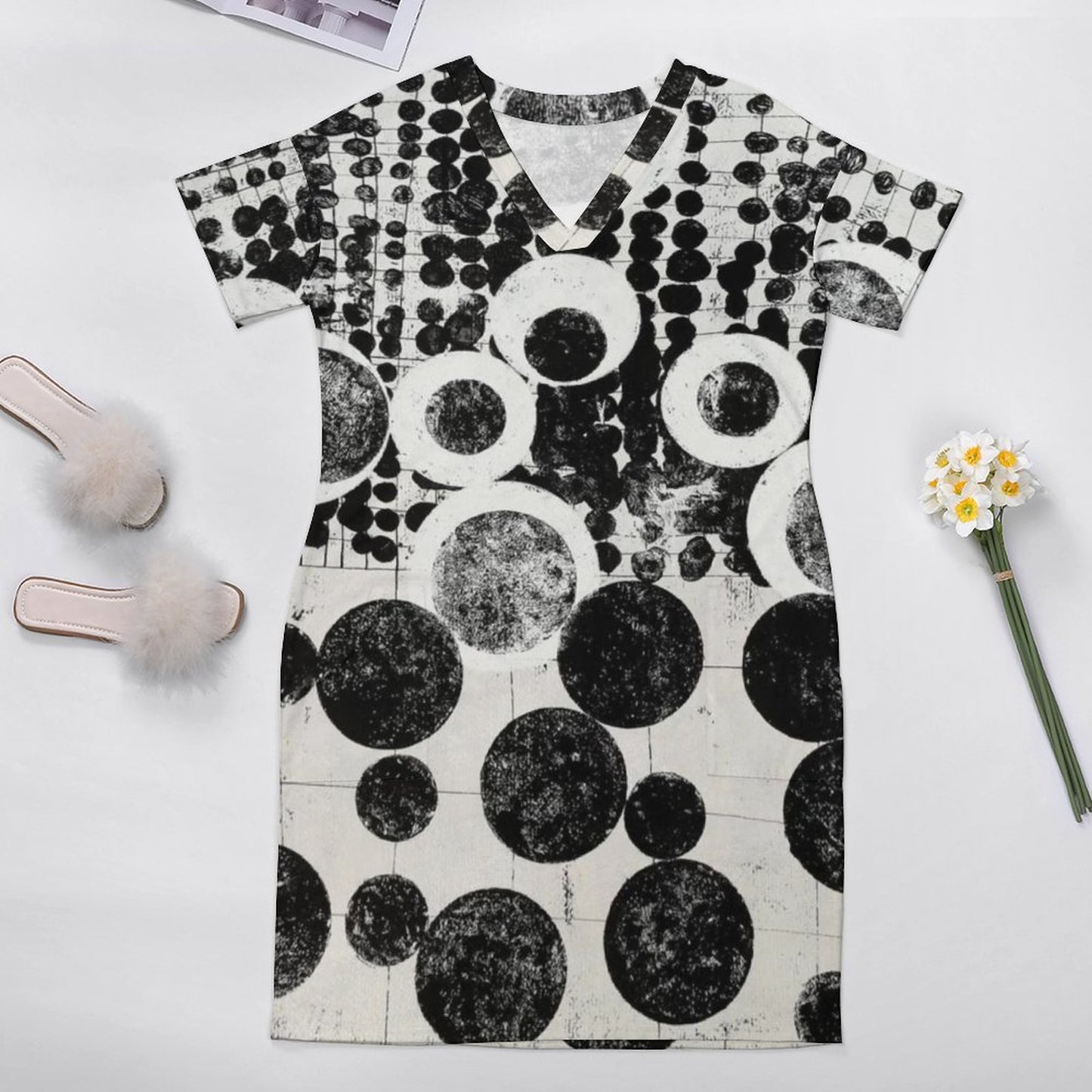 Buttons & Bobbles V-Neck Baggy Dress with Pockets