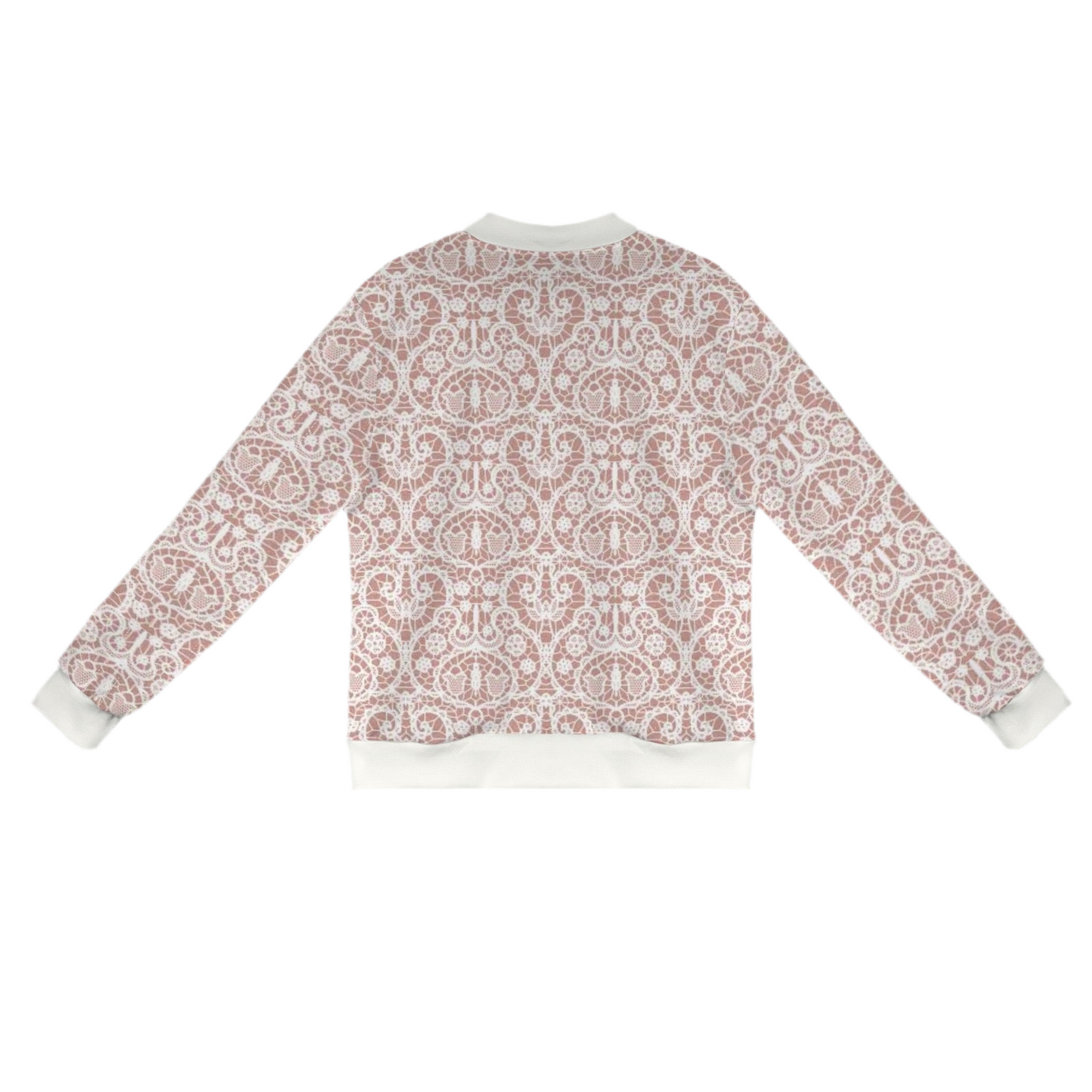 White Lace/Dusty Rose Casual Long Sleeve Zip-Up Bomber Jacket