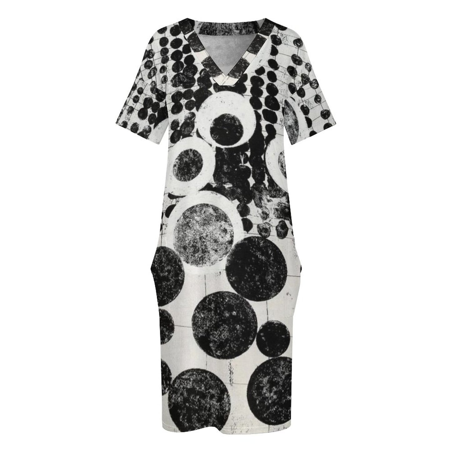Buttons & Bobbles V-Neck Baggy Dress with Pockets
