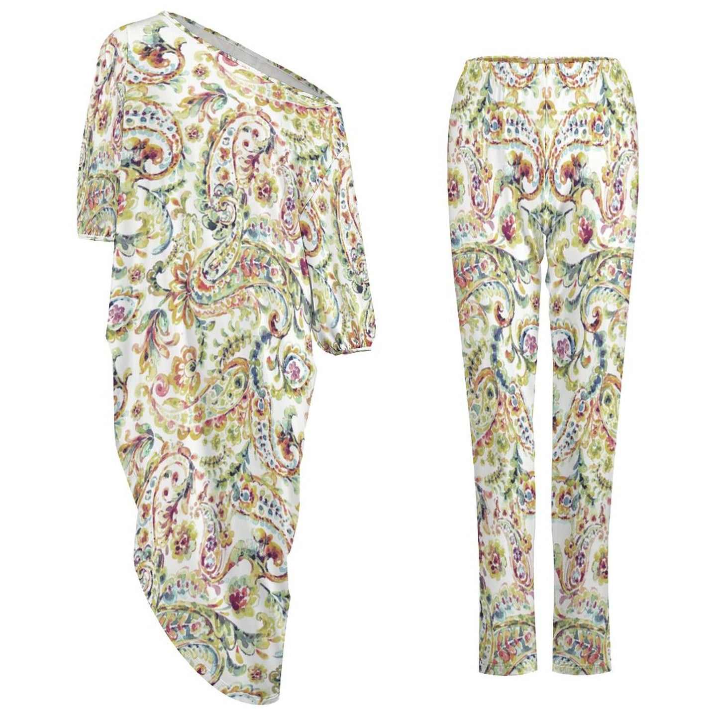 Watercolor Paisley Diagonal Shoulder Two Piece Set