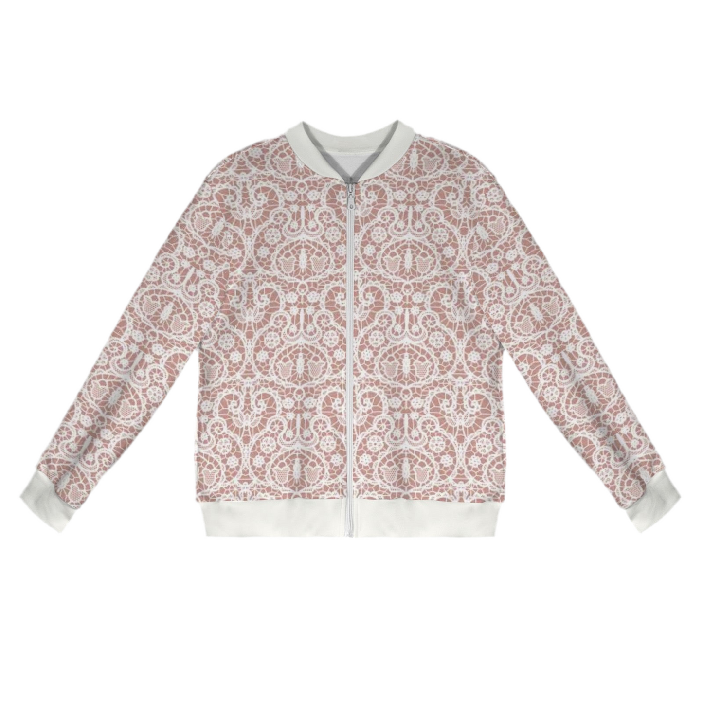 White Lace/Dusty Rose Casual Long Sleeve Zip-Up Bomber Jacket