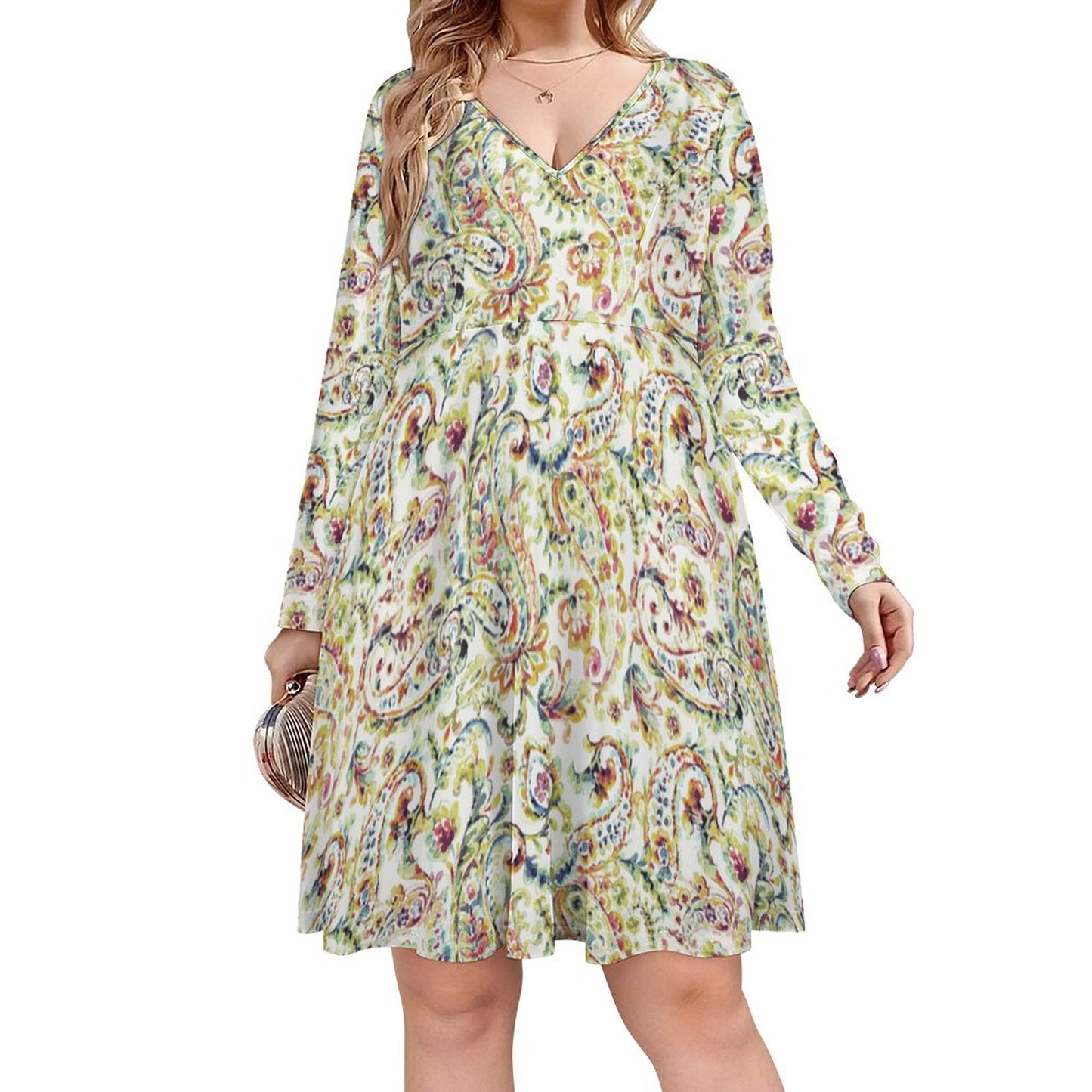 Watercolor Paisley Oversized V-neck Long Sleeve Dress