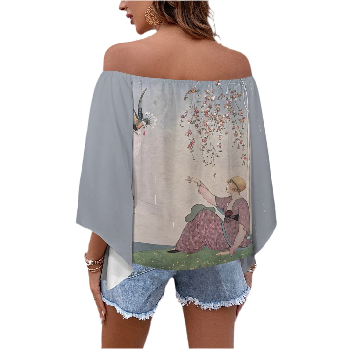 Vintage Vogue Cover Art March 15, 1914 “Spring Millinery” -Off Shoulder Trumpet Sleeve Blouse