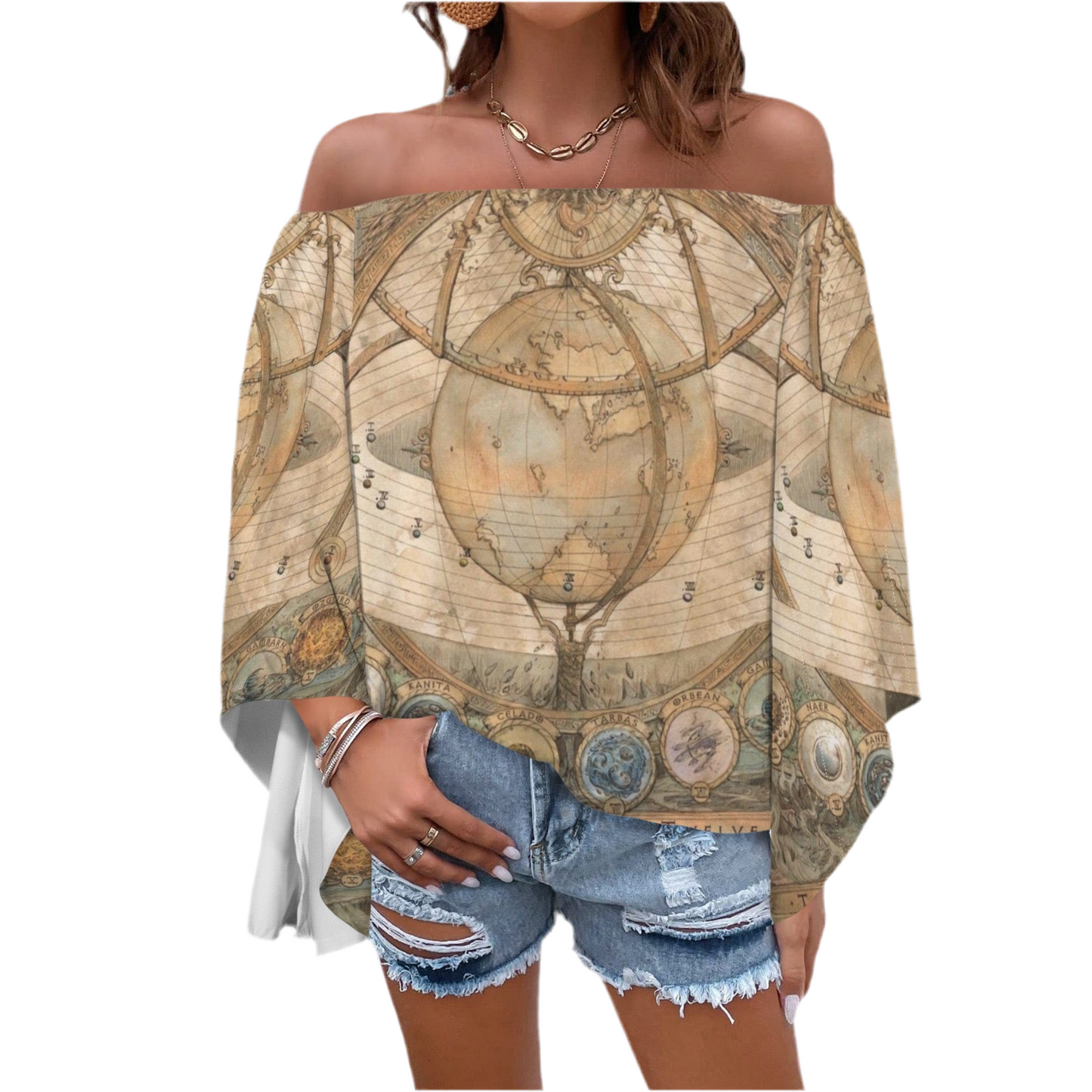 Golden Globe Off Shoulder Trumpet Sleeve Blouse