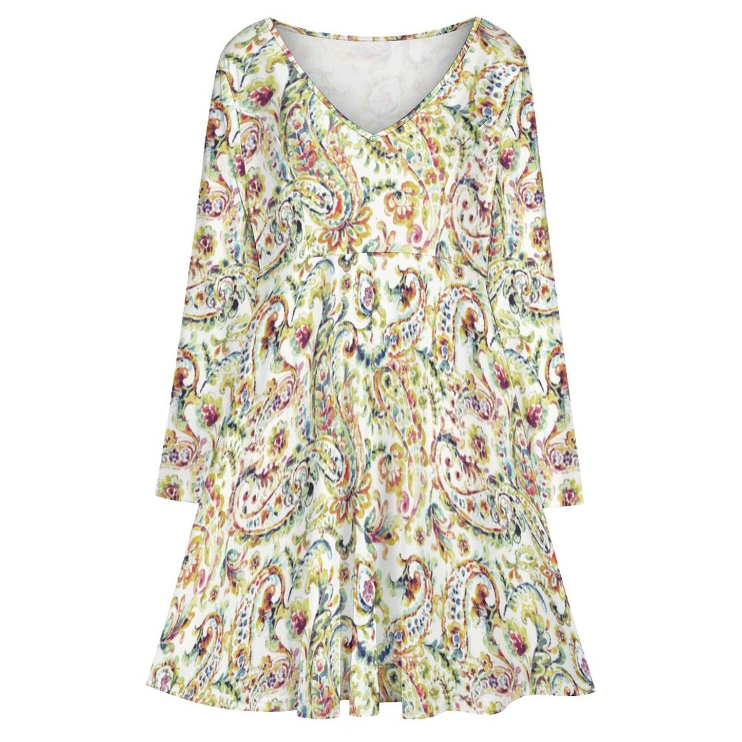 Watercolor Paisley Oversized V-neck Long Sleeve Dress