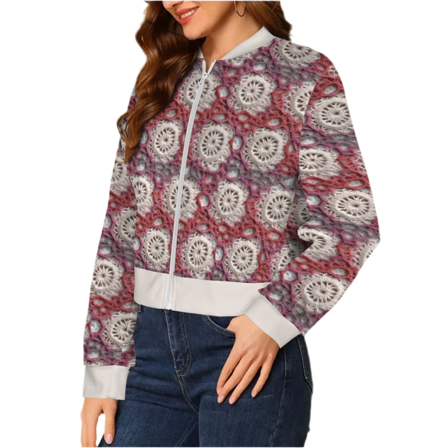 Cranberry Crochet (short waist) Casual Long Sleeve Zip-Up Bomber Jacket