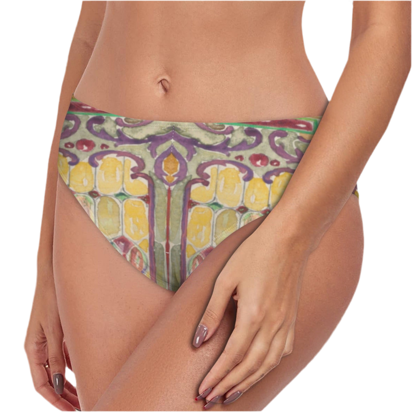 Watercolor Stained Glass design by Alice Cordelia Morse on High-Waisted Bikini Bottom