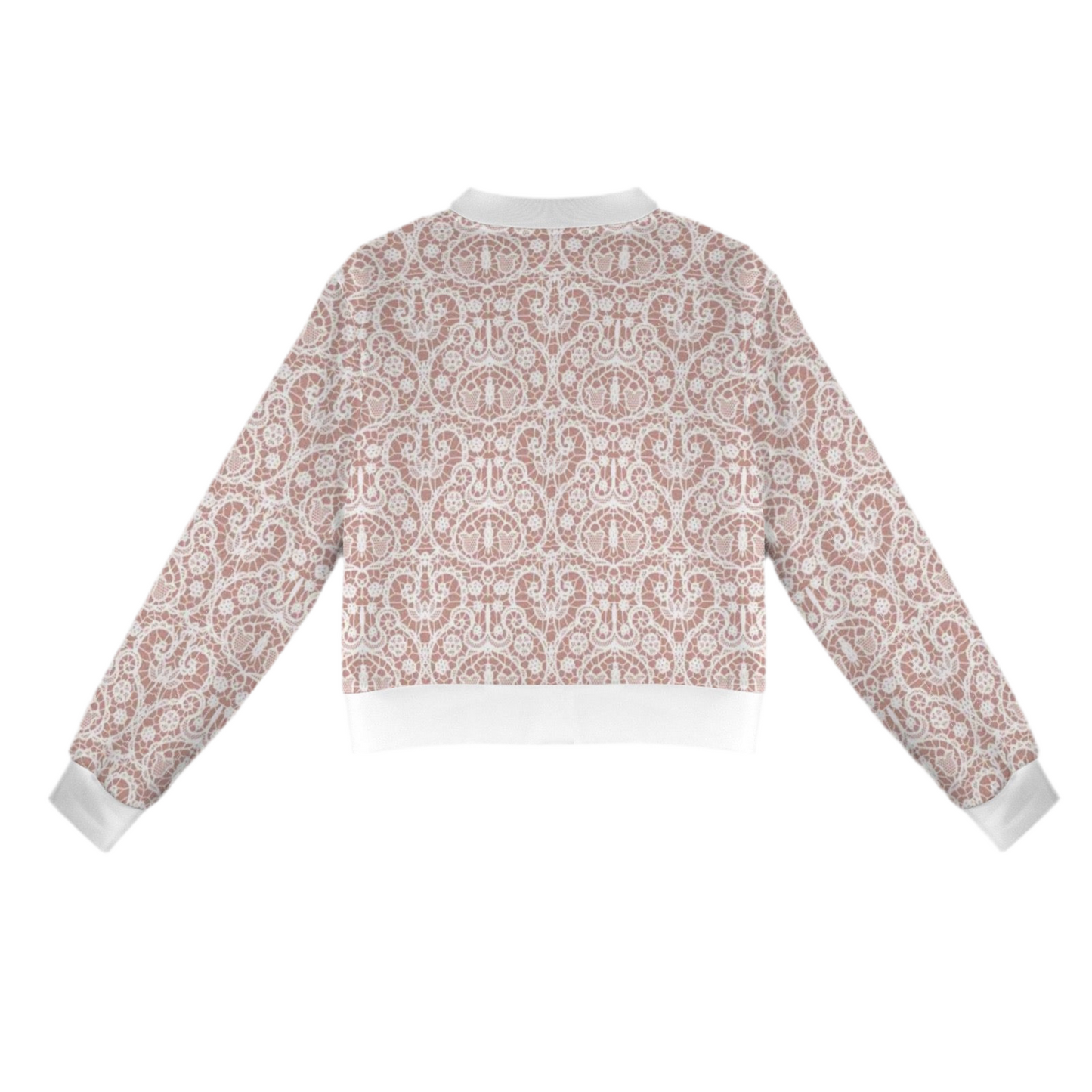 White Lace/Dusty Rose (short waist) Casual Long Sleeve Zip-Up Bomber Jacket