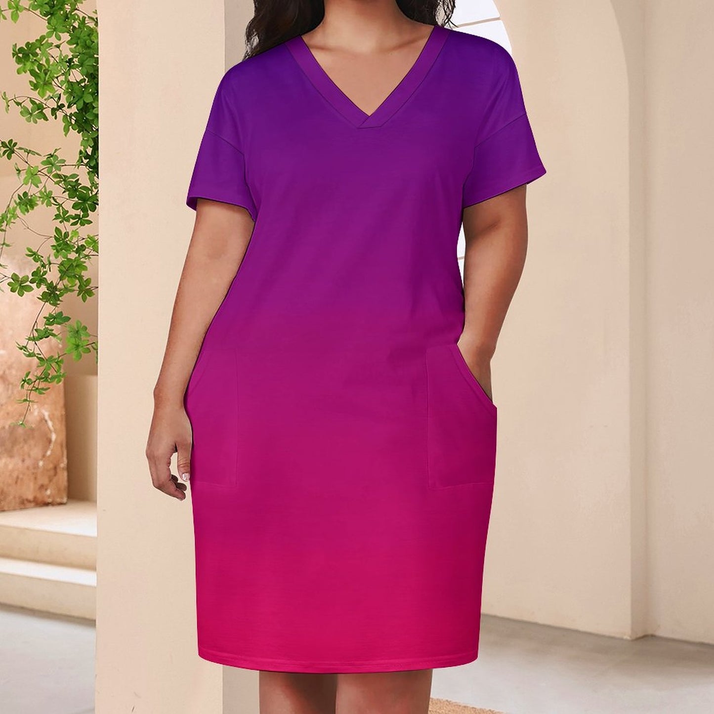 VIOLET OMBRÉ V-Neck Baggy Dress with Pocket