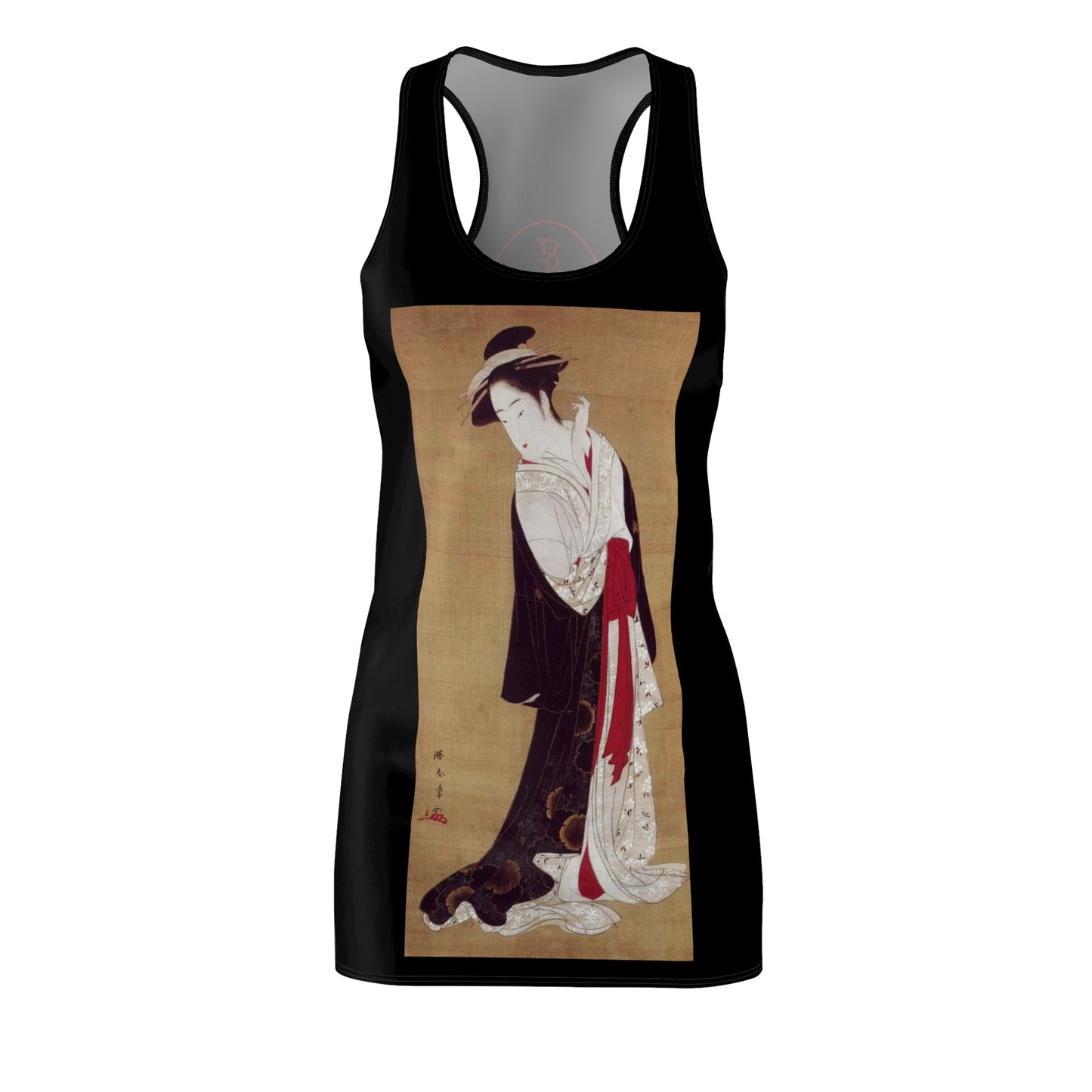 Katsukawa Shunsho: Standing Beauty, 18th century Japanese painting, Women's Cut & Sew Racerback Dress with creator’s Kangi signature