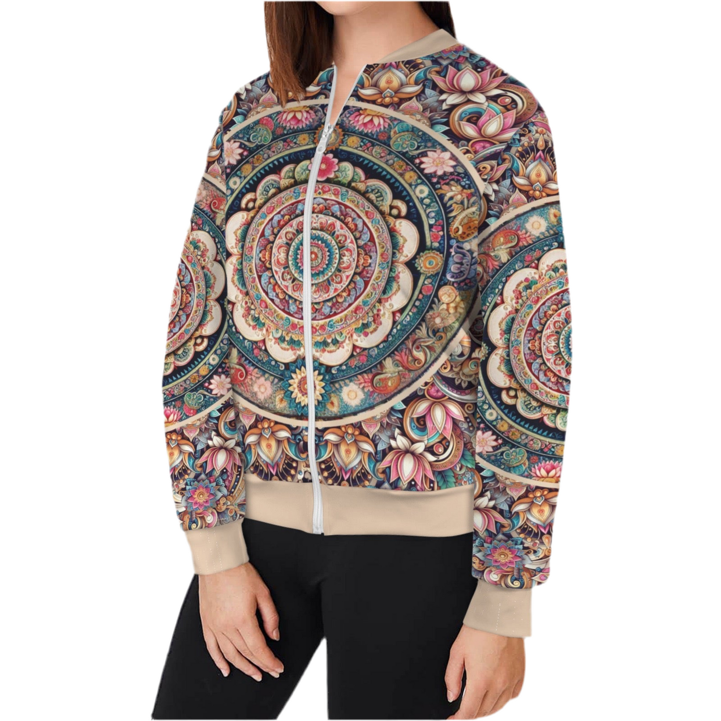 Mandala Casual Long Sleeve Zip-Up Bomber Jacket