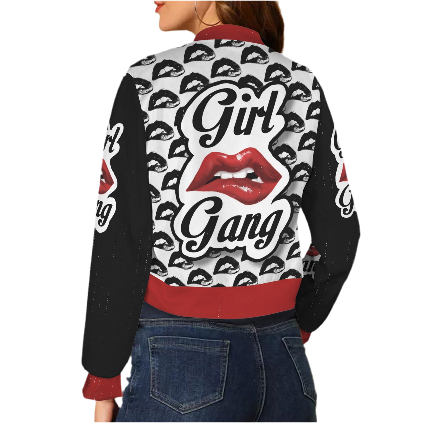 Girl Gang (red trim) (short waist) Casual Long Sleeve Zip-Up Bomber Jacket