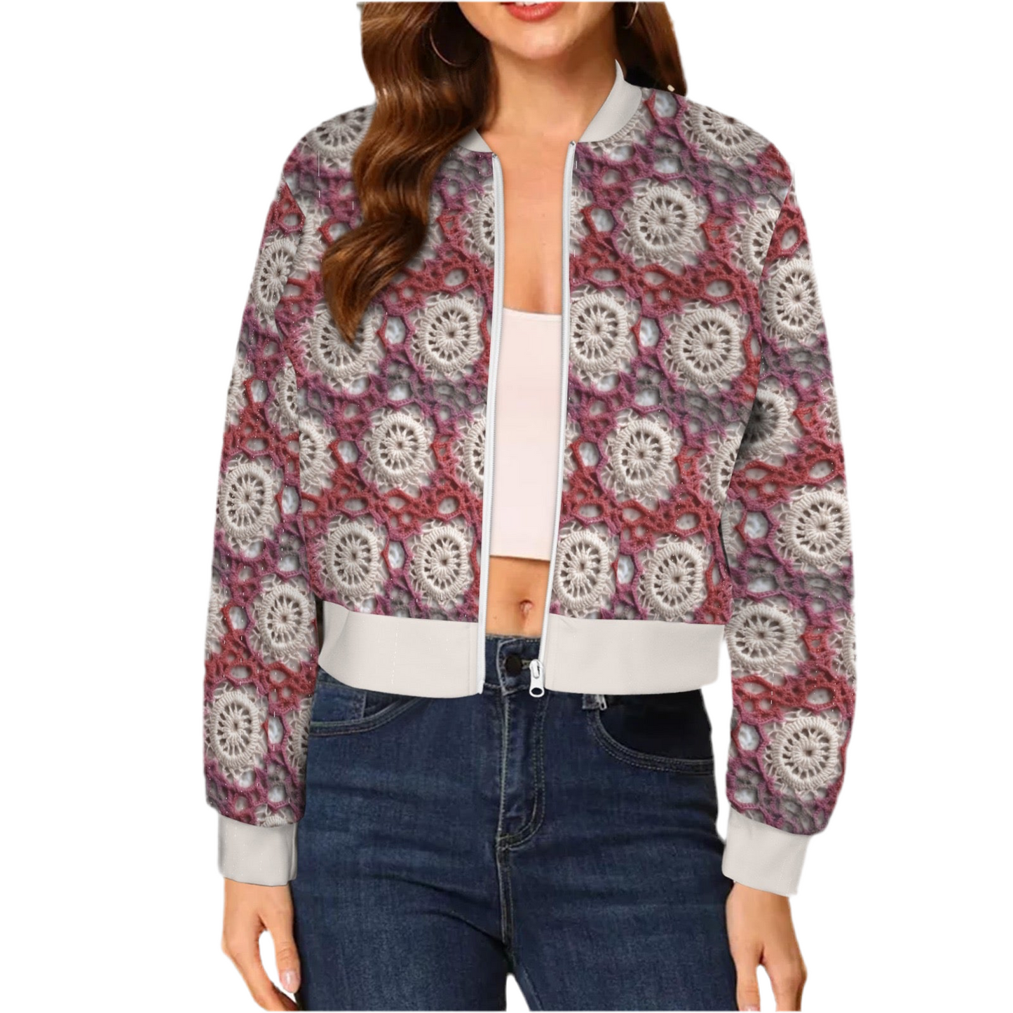 Cranberry Crochet (short waist) Casual Long Sleeve Zip-Up Bomber Jacket