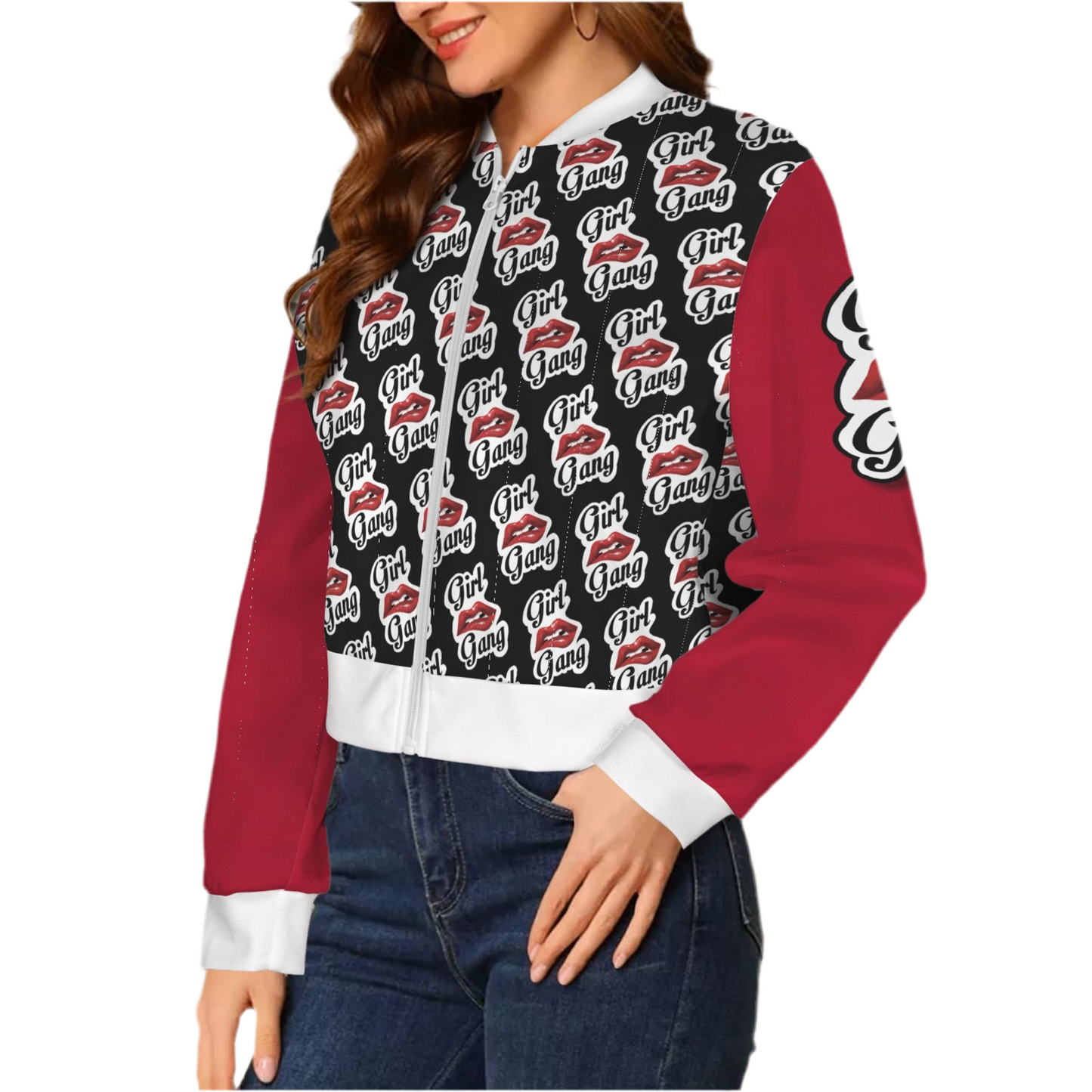 Girl Gang (white trim) (short waist) Casual Long Sleeve Zip-Up Bomber Jacket