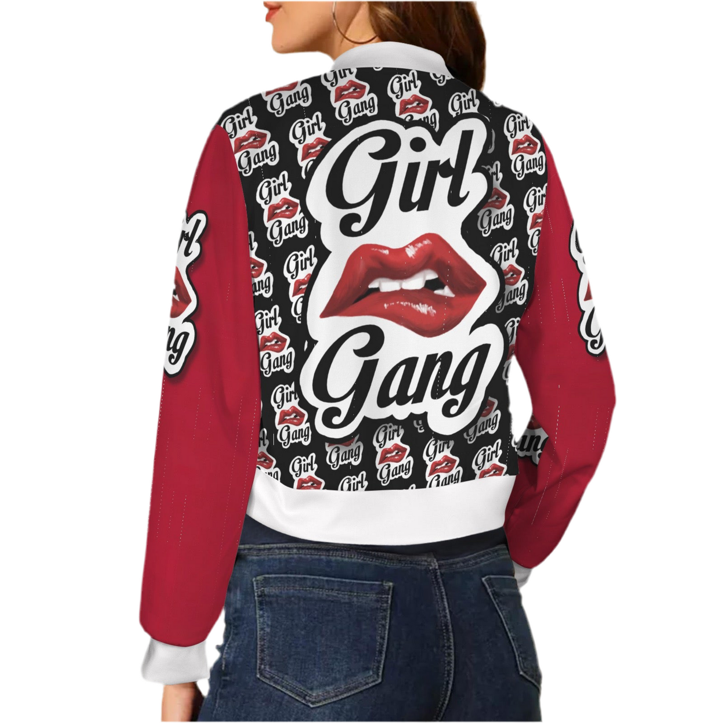 Girl Gang (white trim) (short waist) Casual Long Sleeve Zip-Up Bomber Jacket