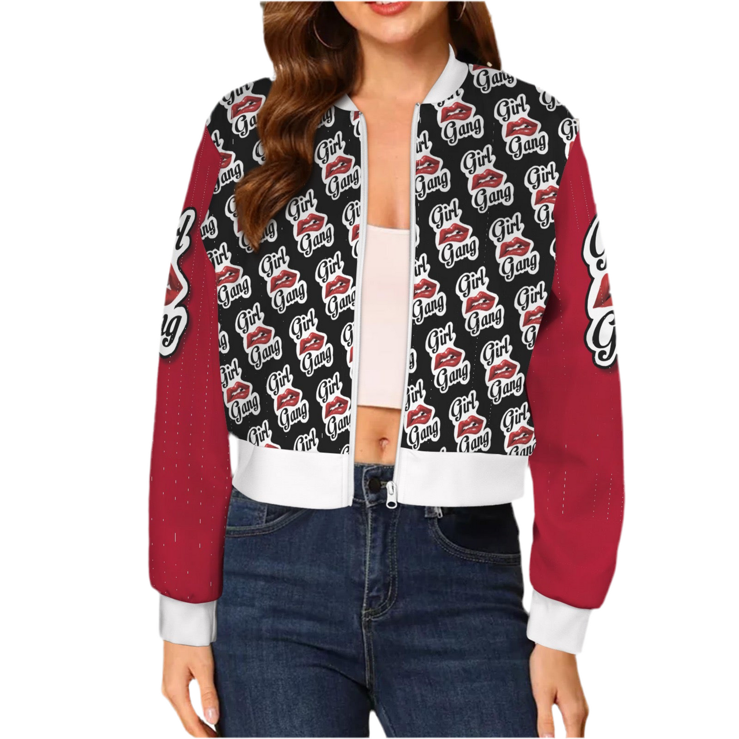 Girl Gang (white trim) (short waist) Casual Long Sleeve Zip-Up Bomber Jacket