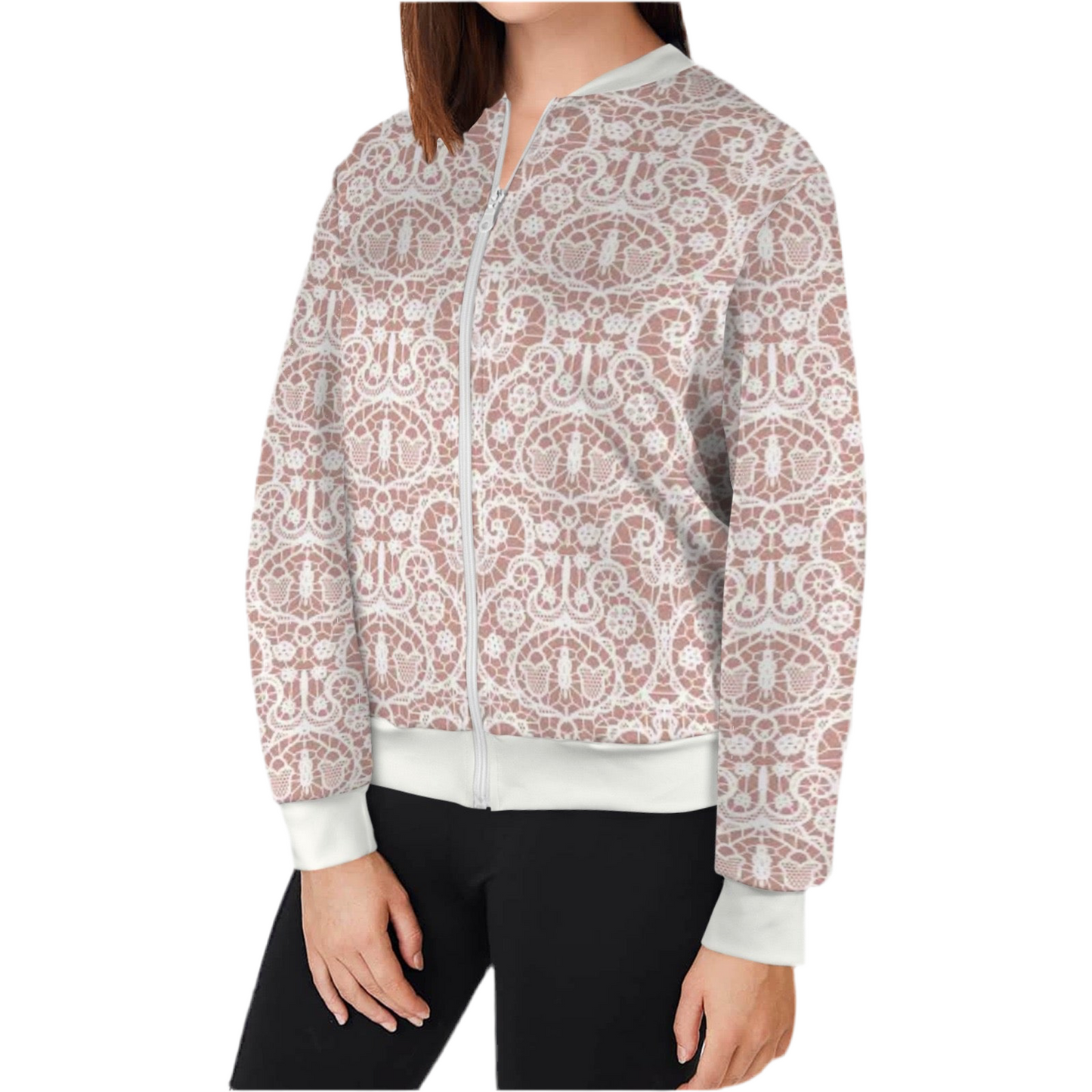 White Lace/Dusty Rose Casual Long Sleeve Zip-Up Bomber Jacket