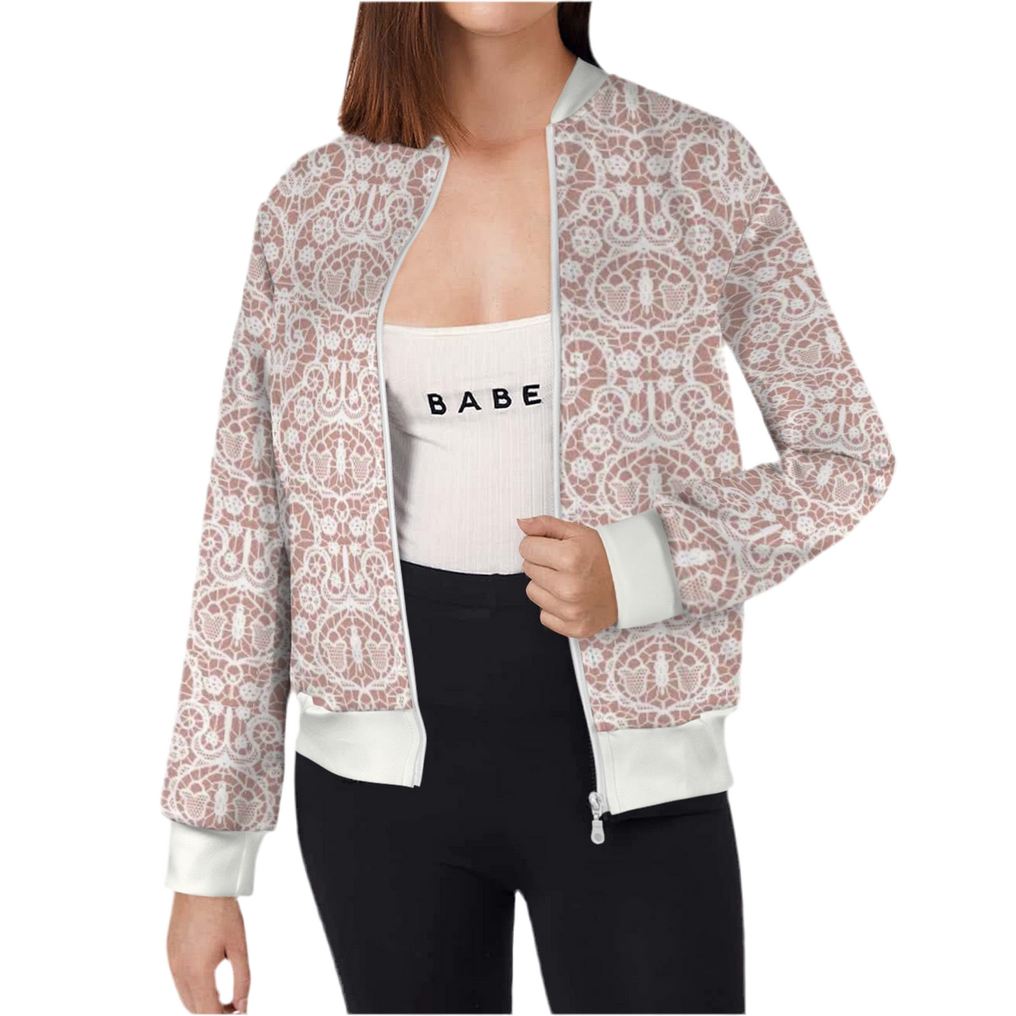 White Lace/Dusty Rose Casual Long Sleeve Zip-Up Bomber Jacket