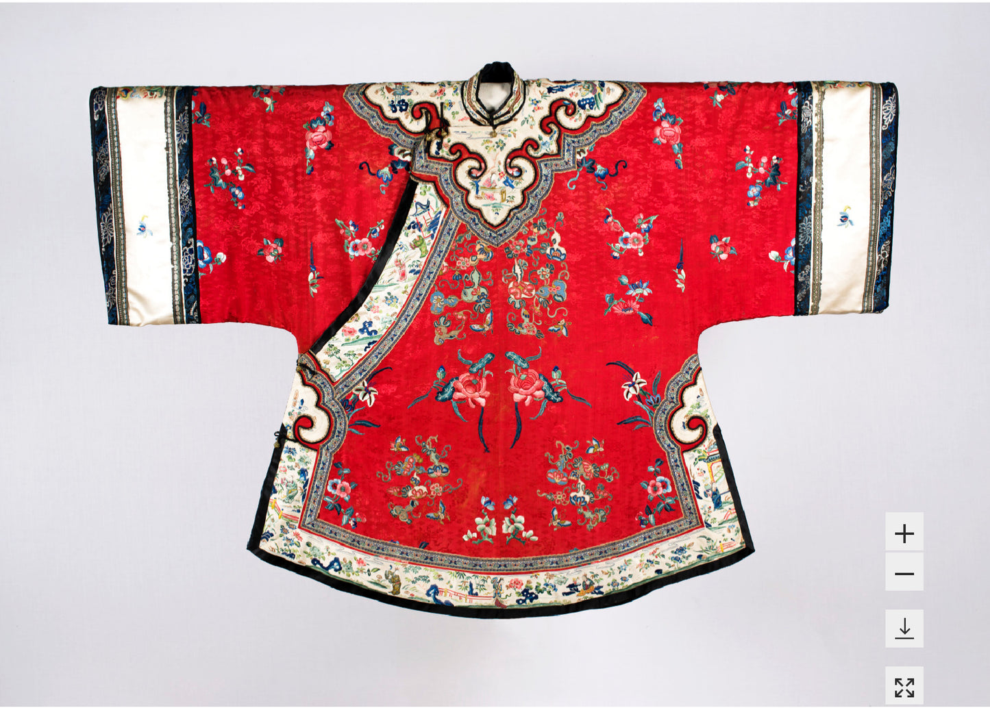 Late 19th Century, Han Chinese Coat Design of Flowers and Butterflies on Tie Front High Waist Frill Hem Maxi Skirt