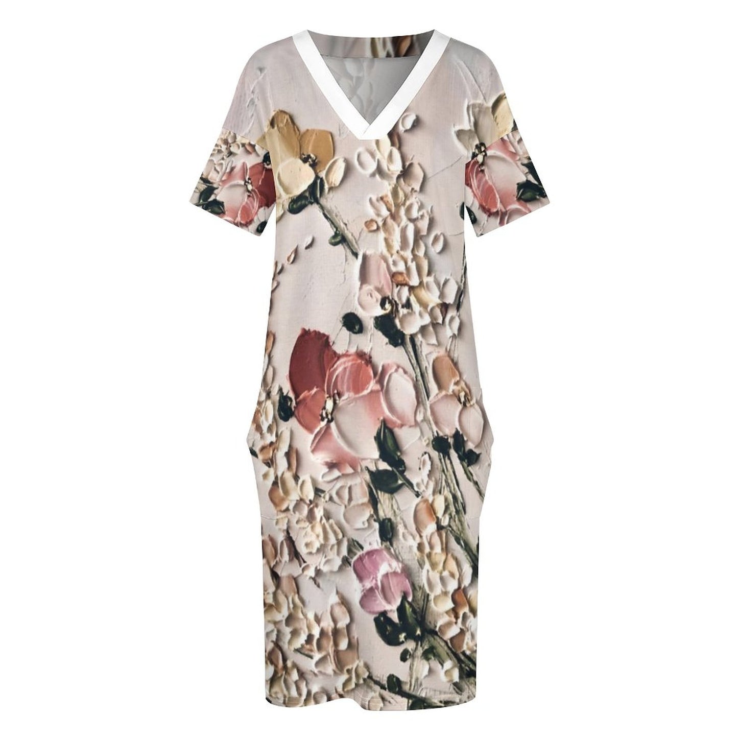 Frosting Flowers V-Neck Baggy Dress with Pocket