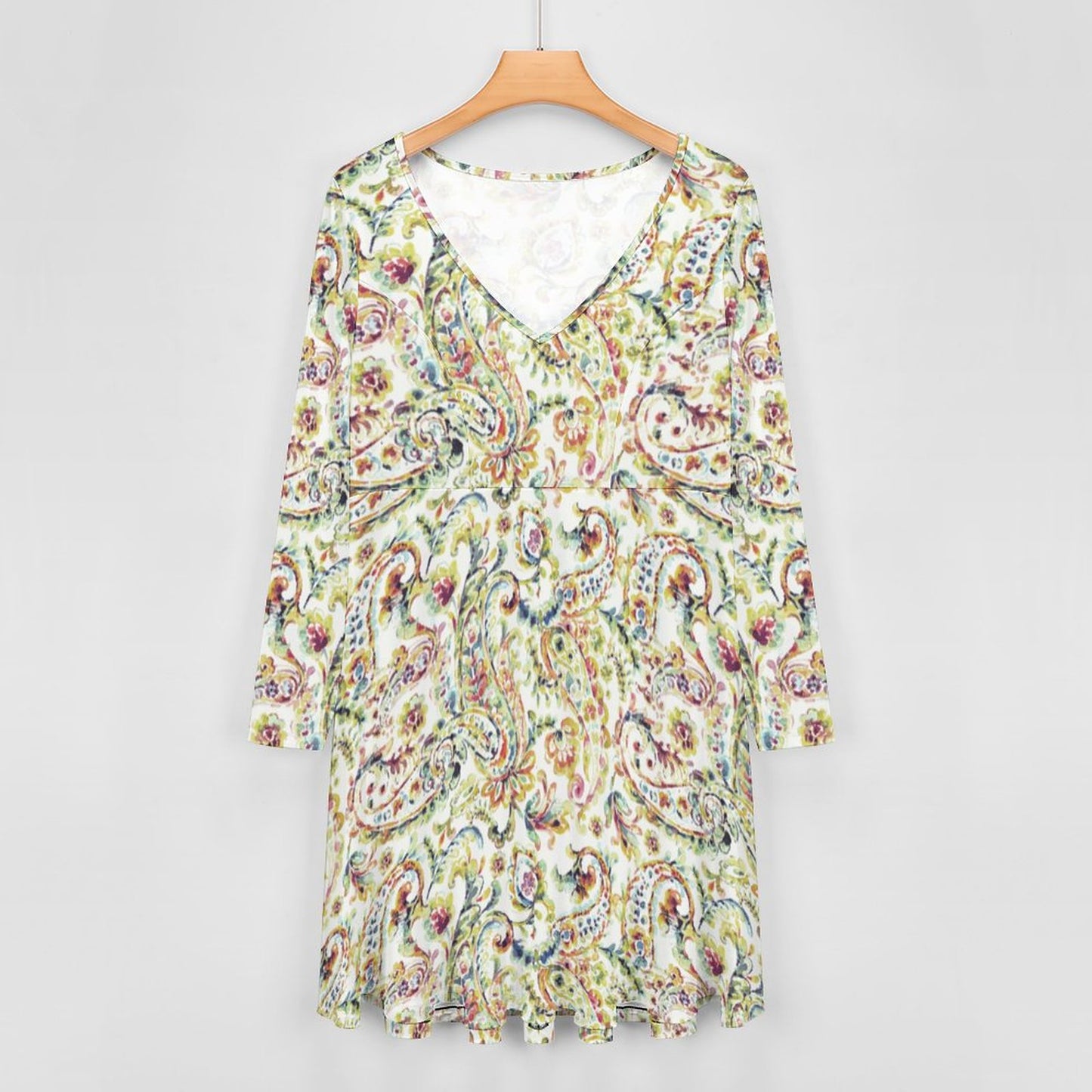 Watercolor Paisley Oversized V-neck Long Sleeve Dress