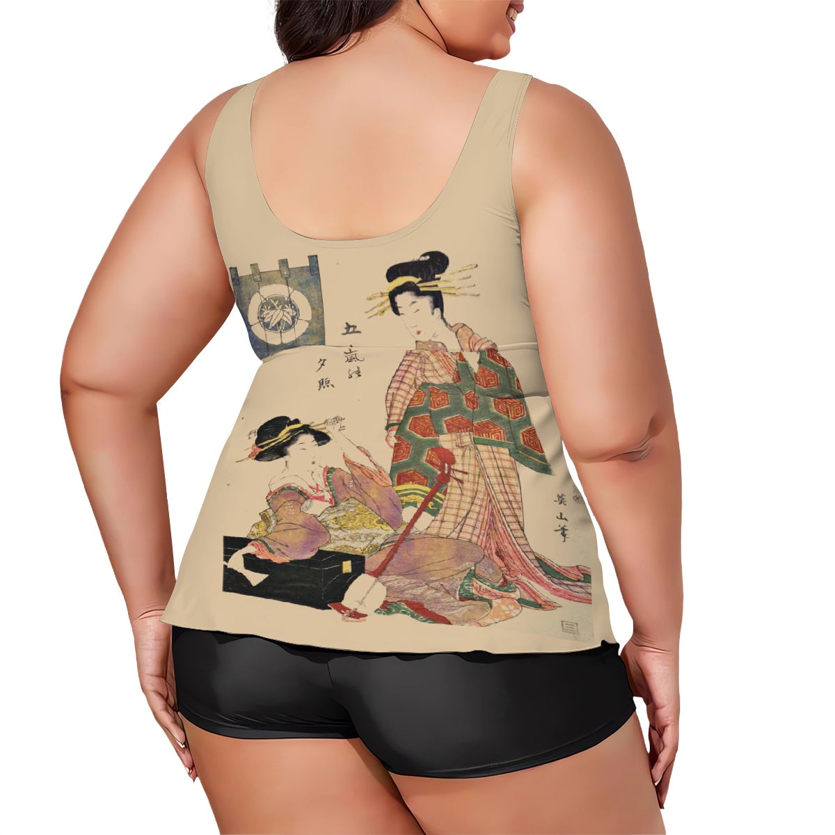 Japanese Block Prints Art by Kikugawa Eizan (1787 1867), Utagawa Kunisada (1786 1864), and Utagawa Kunimaru (1793 1829), on Plus Size Two Piece Swimsuit for Women