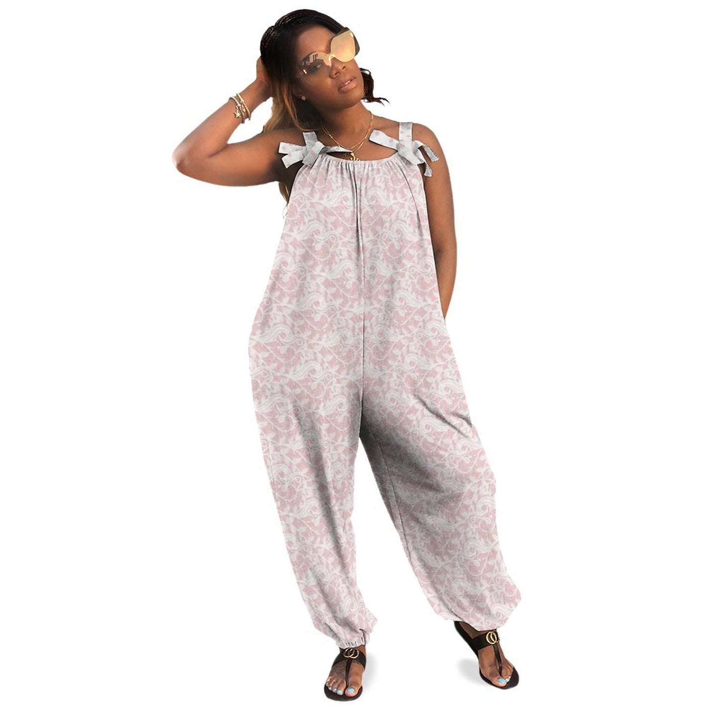 Pink & White Lace Spaghetti Strap Jumpsuit