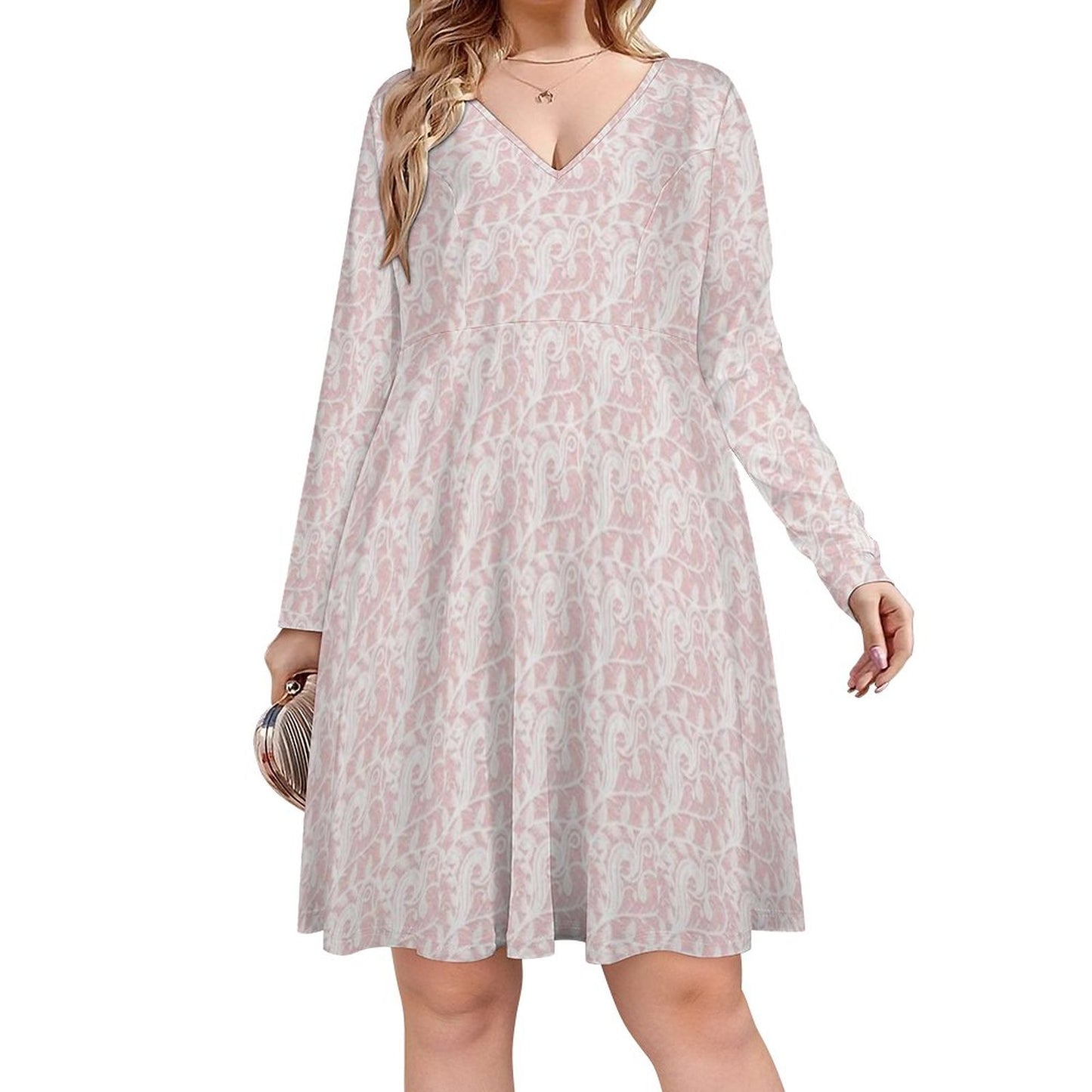 Pink & White Lace Oversized V-neck Long Sleeve Dress