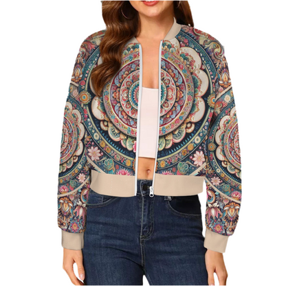 Mandala Casual Long Sleeve Zip-Up Bomber Jacket  (short waist)