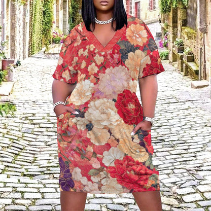 East In Bloom V-Neck Baggy Dress with Pockets