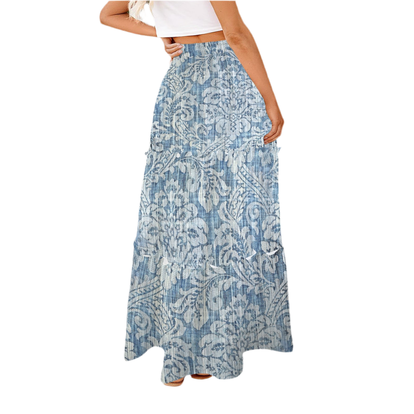 Rococo Denim Tie Front High Waist Frill Hem Maxi Skirt
