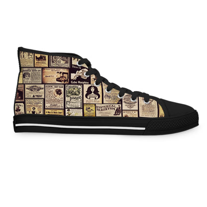 Old Time Remedies Vintage Newspaper Print High Top Sneakers for Women