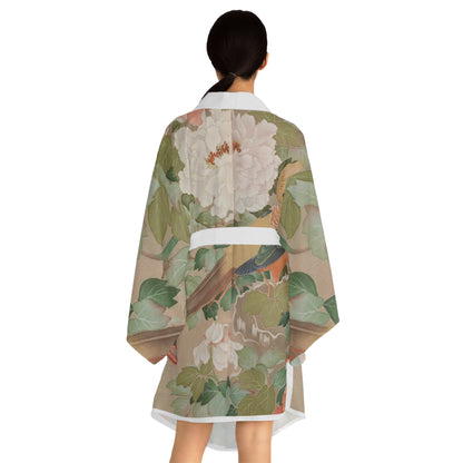 Early 19th Century Kimono, Pheasants amid Peonies-Authentic 19th Century Japanese Kimono Print on Long Sleeve Kimono Robe