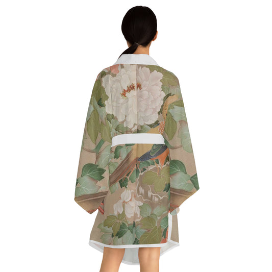 Early 19th Century Kimono, Pheasants amid Peonies-Authentic 19th Century Japanese Kimono Print on Long Sleeve Kimono Robe