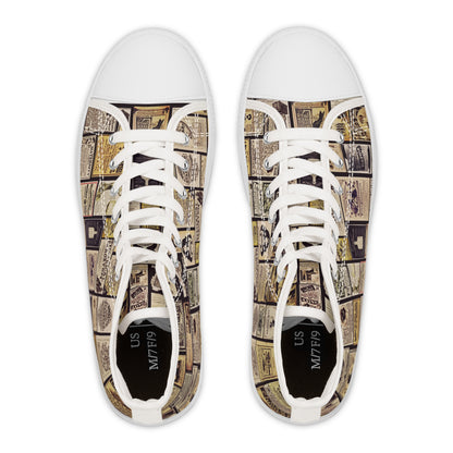Old Time Remedies Vintage Newspaper Print High Top Sneakers for Women
