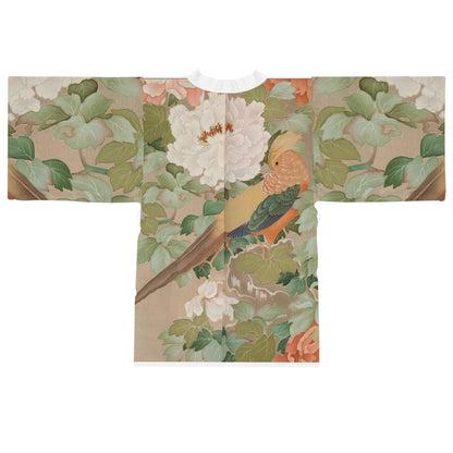 Early 19th Century Kimono, Pheasants amid Peonies-Authentic 19th Century Japanese Kimono Print on Long Sleeve Kimono Robe