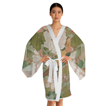 Early 19th Century Kimono, Pheasants amid Peonies-Authentic 19th Century Japanese Kimono Print on Long Sleeve Kimono Robe