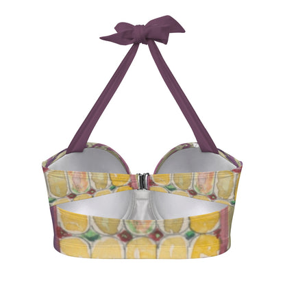 Watercolor Stained Glass design by Alice Cordelia Morse on Women's Halter Neck Gather Chest Bikini Top